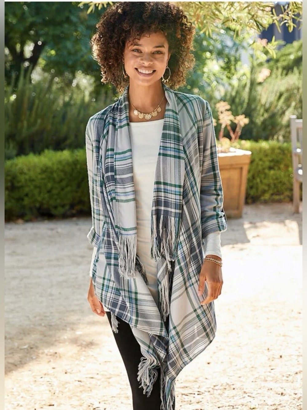 Matilda Jane Moments With You Form a Line Plaid Fringe Jacket Gray Blue XS/S NWT